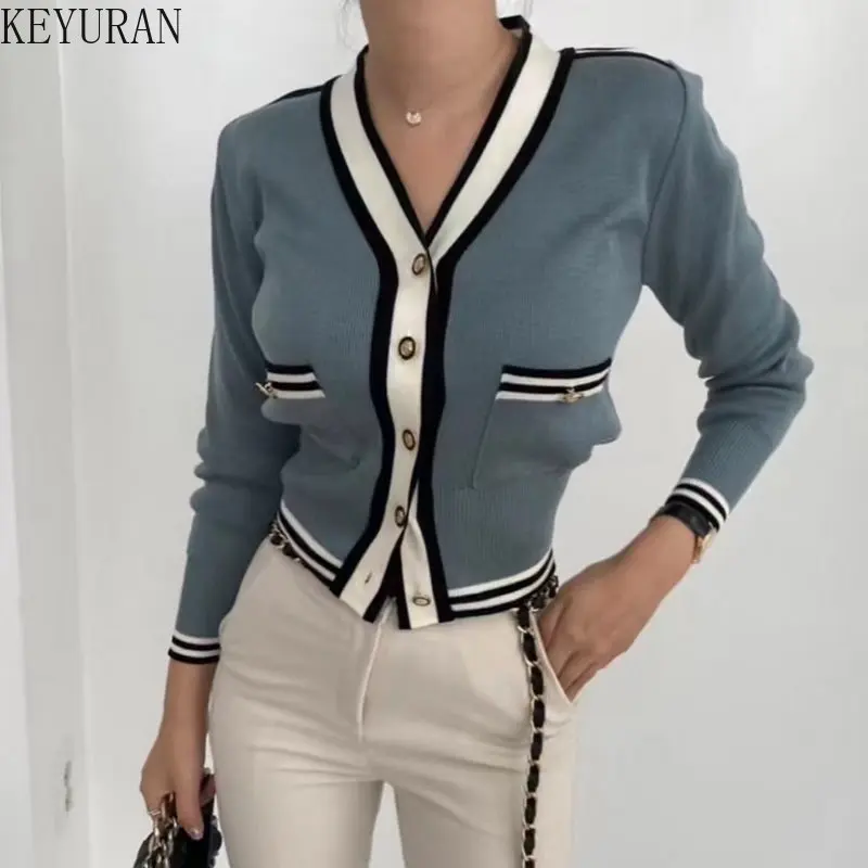 2023 Spring Autumn Striped Sweater Women Korean Fashion V-neck Slim Fit Long-sleeved Crop Top Knitted Cardigan Jacket Women Y2k