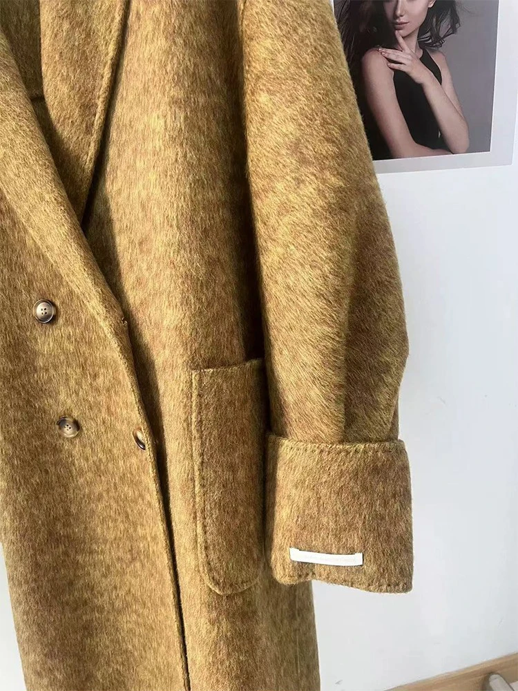Office Lady Woolen Jackets 2024 Autumn And Winter Suit Collar Double Breasted Big Pockets Loose Long Women\'s Wool Coats