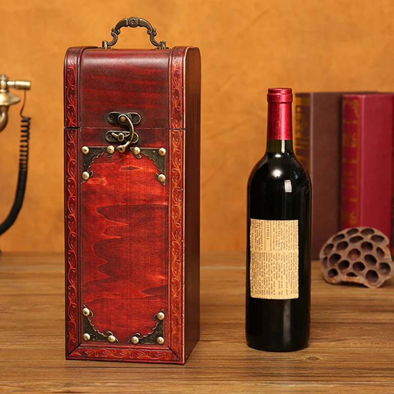 Vintage Single/Double Red Wine Box Wooden Wine Box Retro Treasure Gift Xmas Wine Storage Box Case Bottles Package with Handle