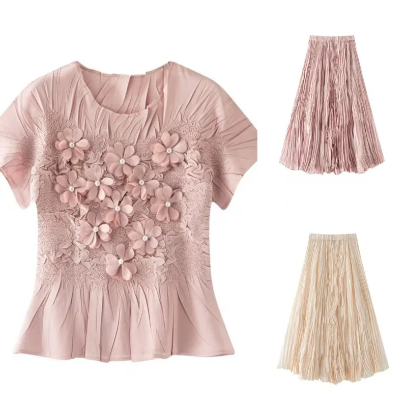 

Miyake 2022, плиссированный женский костюм из двух предметов ручной работы с жемчугом и цветком, футболка с короткими рукавами, большая распашная полуюбка