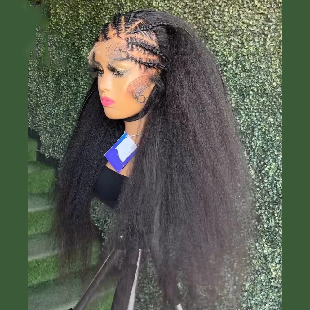 Soft Long 28 Inch Natural Black Kinky Straight Lace Front Wig For African Women BabyHair Preplucked Synthetic Glueless Daily