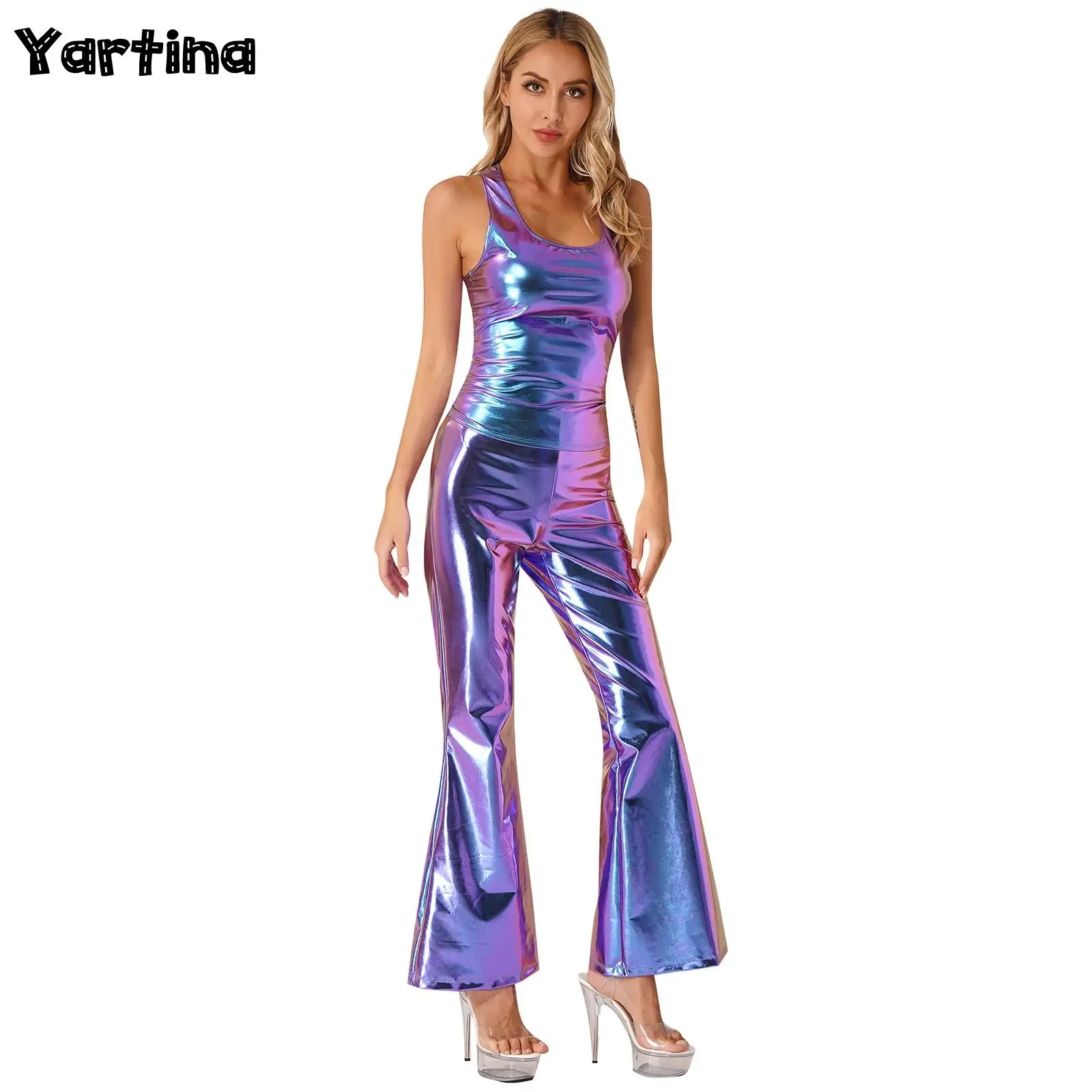 

Womens Metallic Shiny Latin Jazz Dance Costume Pole Dance Outfits 70's Disco Clubwear Racer Back Tank Top with Flare Pants