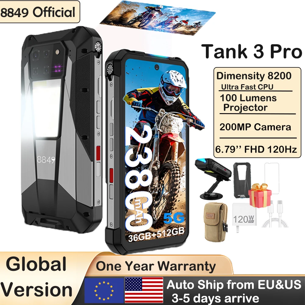 8849 Tank 3 Pro Unihertz Rugged Projector Smartphone 23800mAh 5G Android14 Outdoor Phone 512GB+36GB 120W Fast Charging Dual Sim