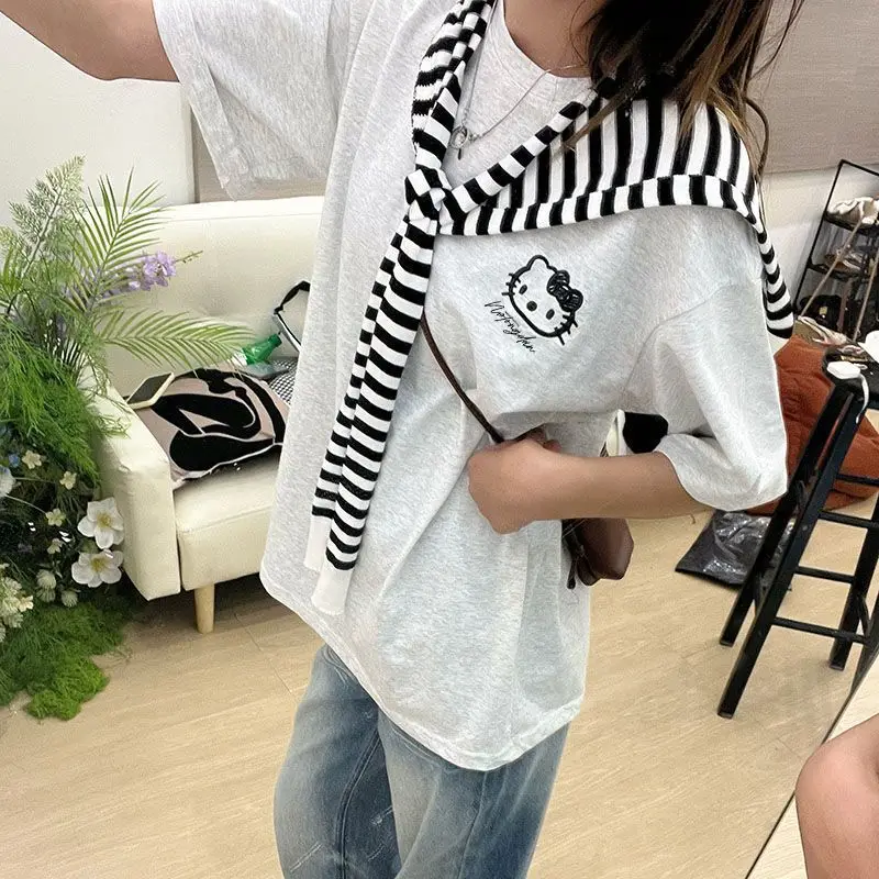

Женская хлопковая футболка с коротким рукавом, с рисунком котенка, в стиле аниме, кавайная, женская одежда, полосатая накидка, комфортная, мягкая, повседневная, модная, топ