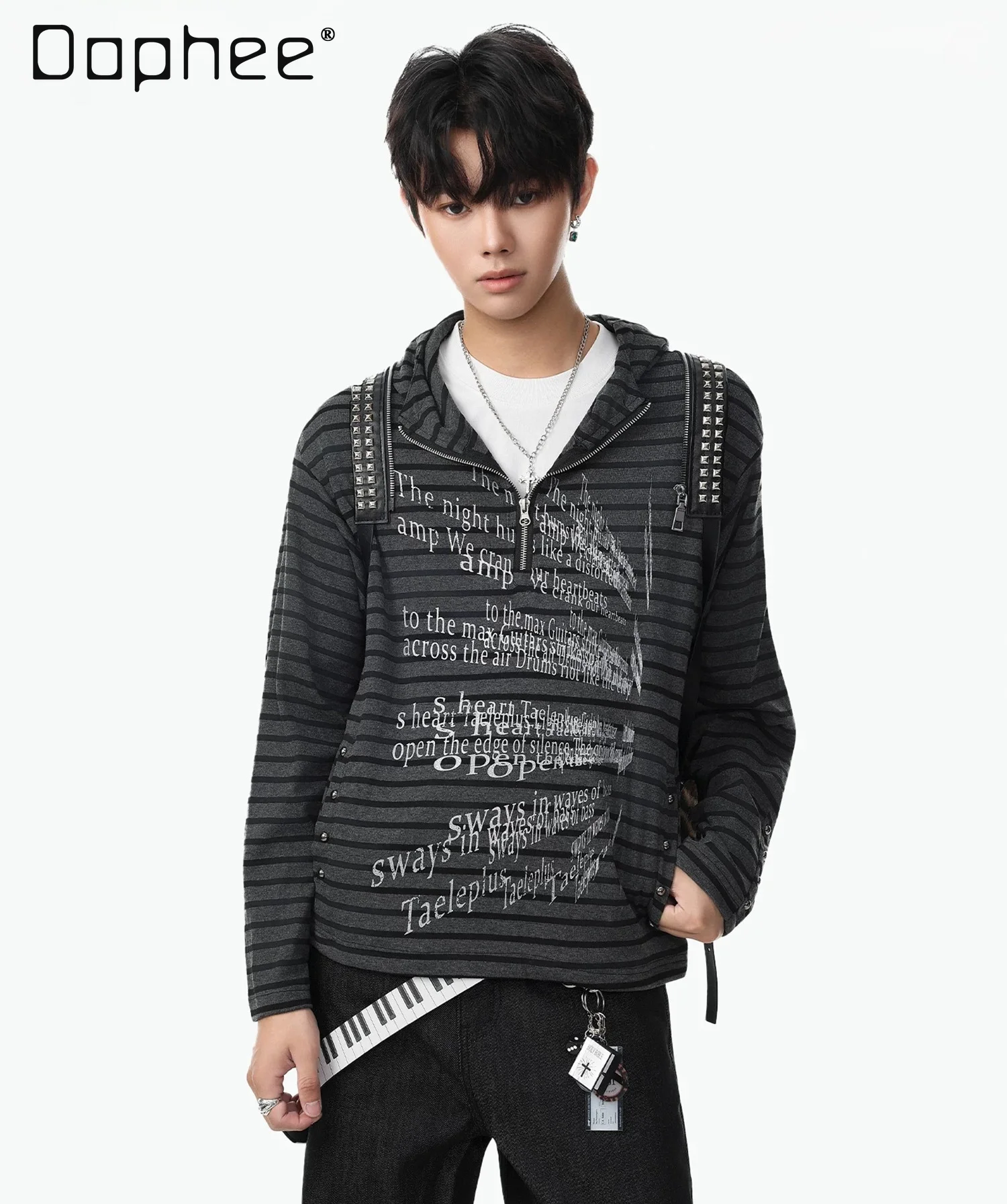 2026 Dark Style Men Stripe Half Zip Loose Hoodie Street Rivet Unique Oversize Slogan Print Casual Long Sleeve Sweatshirt Jacket
