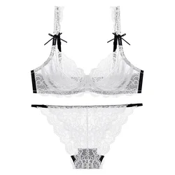 Summer Women Ultra Thin Underwire Sexy Lace Plus Size Bra Set French Romantic White Lingerie Hot Sale Brassiere and Panties Sets