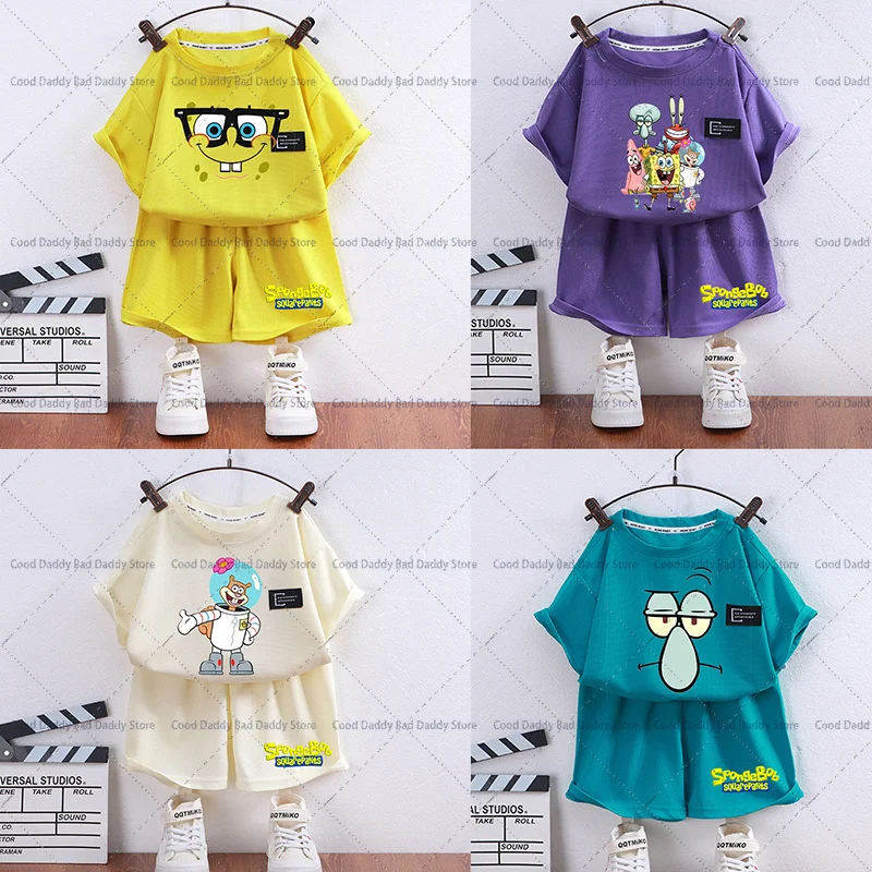 SpongeBob Kids Waffle T-shirt Pants Set-Soft Cotton Short Sleeve T-Shirt & Shorts for Boys Girls Cute Cartoon Summer Outfit Gift