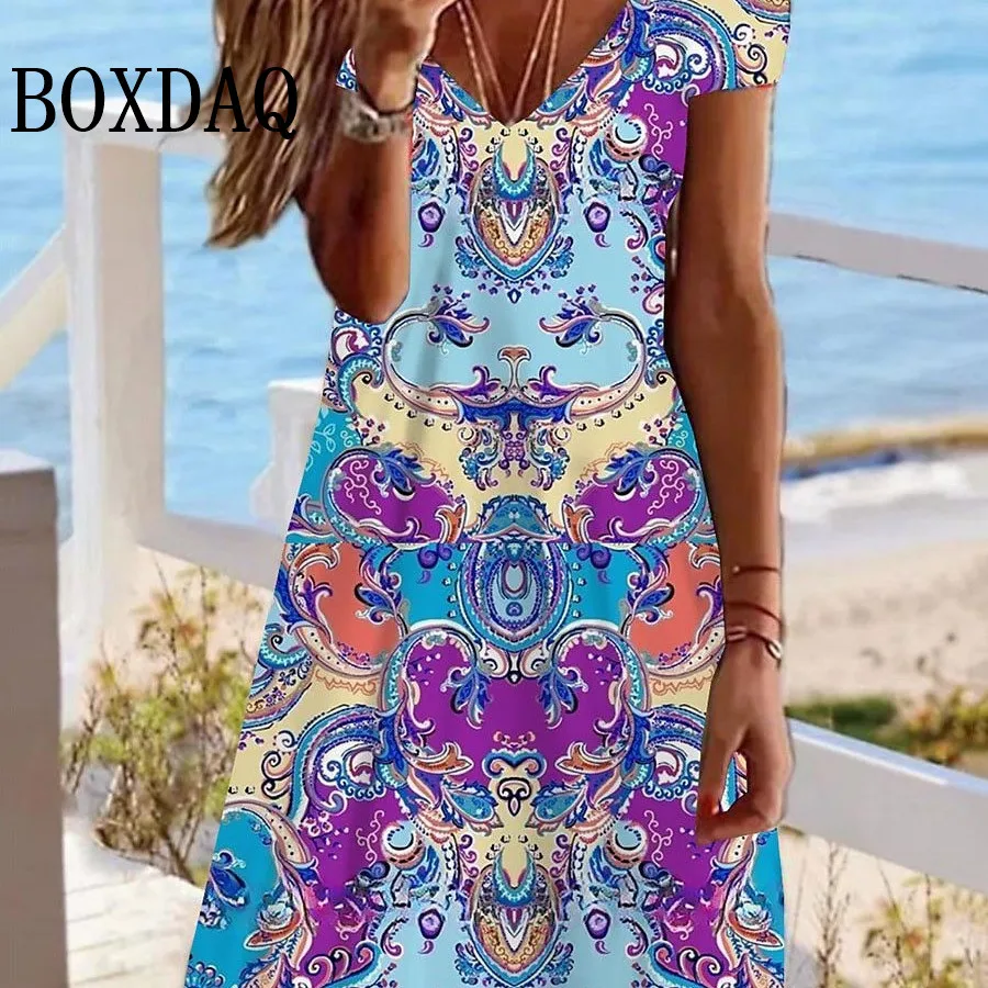 Vintage Woman Dresses Elegant Ethnic Style Women Clothing Flower 3D Printed V-Neck Pullover Loose Casual Short Sleeve Midi Dress