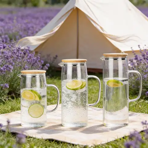 1pc  1L/1.2L/1.5L Borosilicate Glass Water Pitcher with Bamboo Lid, Straight Design Juice Jug, Suitable for Coffee, Juice