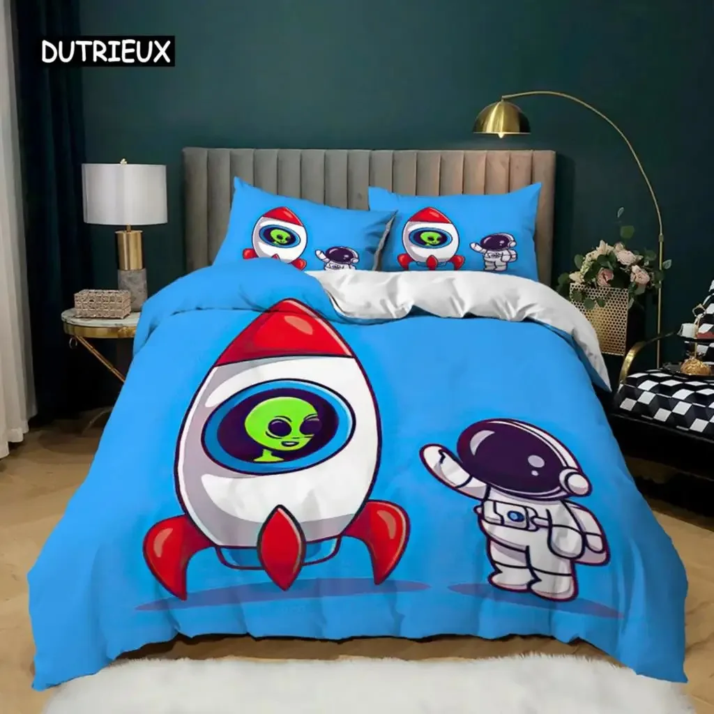 Astronaut Duvet Cover Set King Size Cartoon Astronaut Star Moon Pattern Bedding Set Microfiber Space Theme Full Twin Quilt Cover