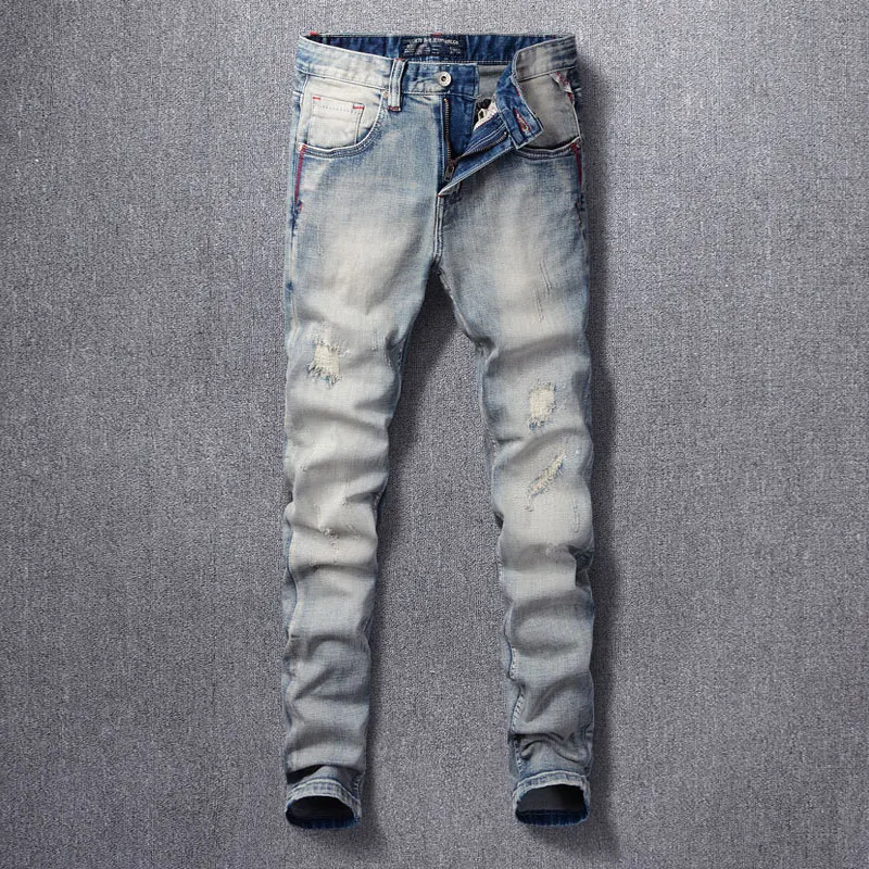 

Street Fashion Men Jeans High Quality Retro Light Blue Stretch Slim Fit Ripped Jeans Men Patched Designer Vintage Denim Pants