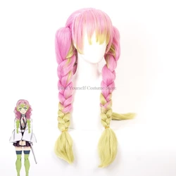 Anime Mitsuri Kanroji peruka do cosplay długie różowe zielone warkocze włosy termoodporne autentyczne peruki do cosplay 58CM