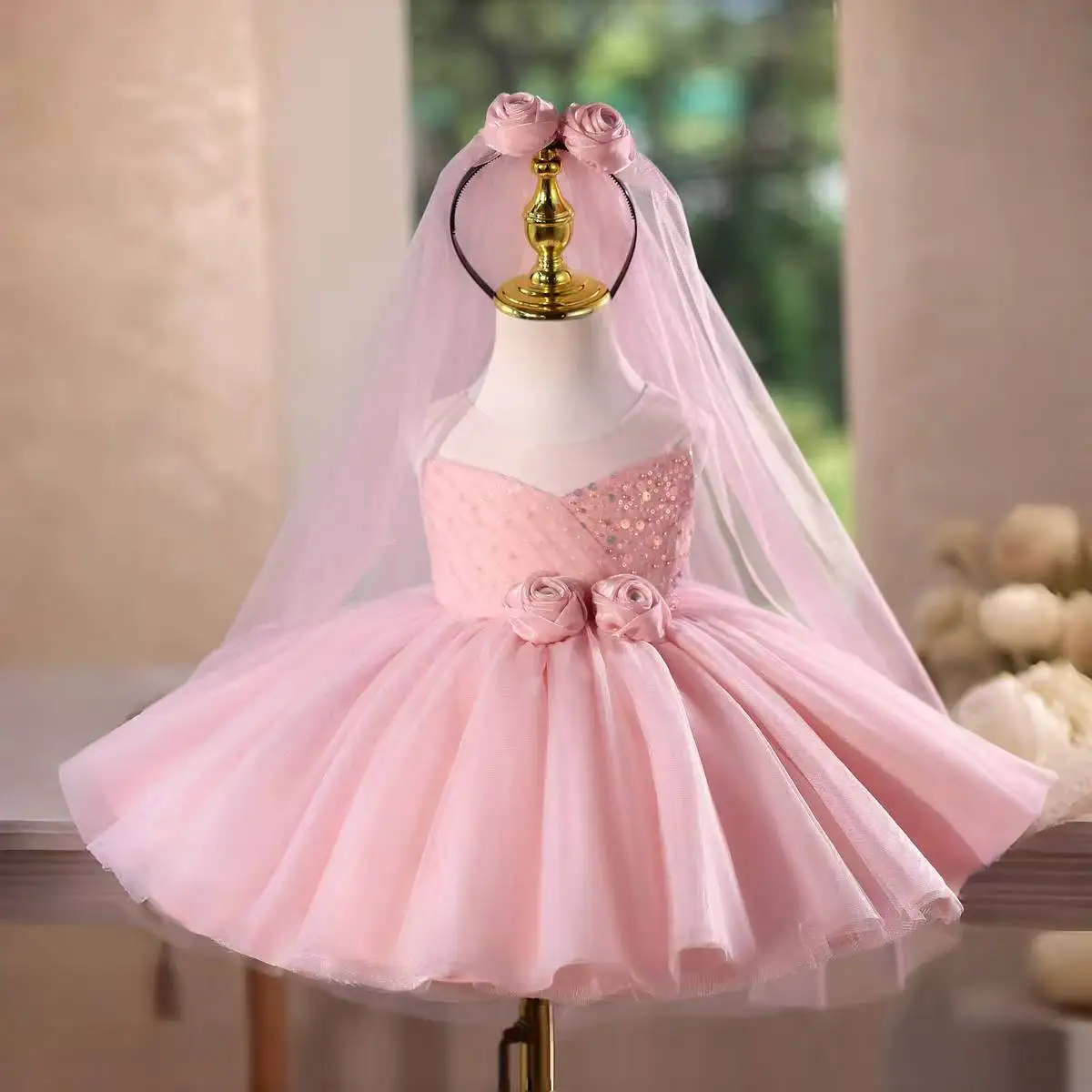 

Dreamy Vow D153, розовое платье с цветочным узором для девочек, цветы ручной работы с головным убором, детское праздничное платье на свадьбу, день рождения, праздник, праздничное платье