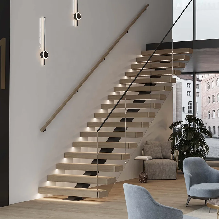 التخصيص رائجة البيع الطراز الحديث المعادن الصلب الخشب الدرج عالية الجودة التجارية الدرج الزجاج المقسى الدرابزين الدرج