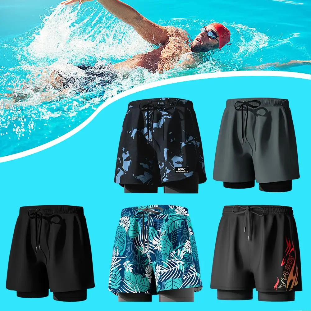 Mens Swimming Trunks With Compression Liner Stretch Mens Swimwear 2 In 1 Quick Dry Running Gym Swim Shorts For Men T9J6