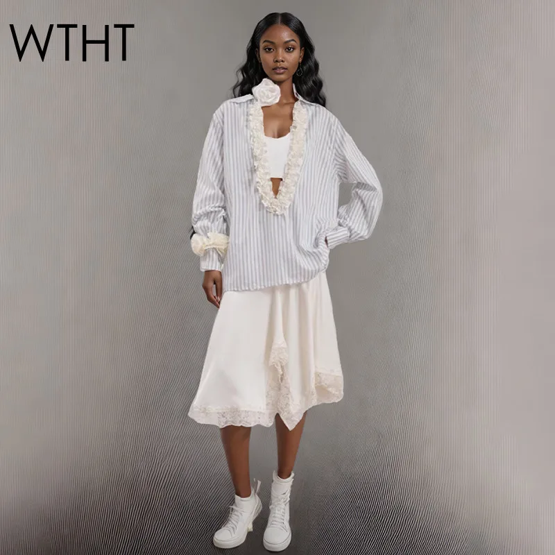 

WTHT New Fashion Women's Flower Edge Striped Shirt High Waist Patchwork Design Lace A-line Skirt Female 2025 Summer 1LS1955