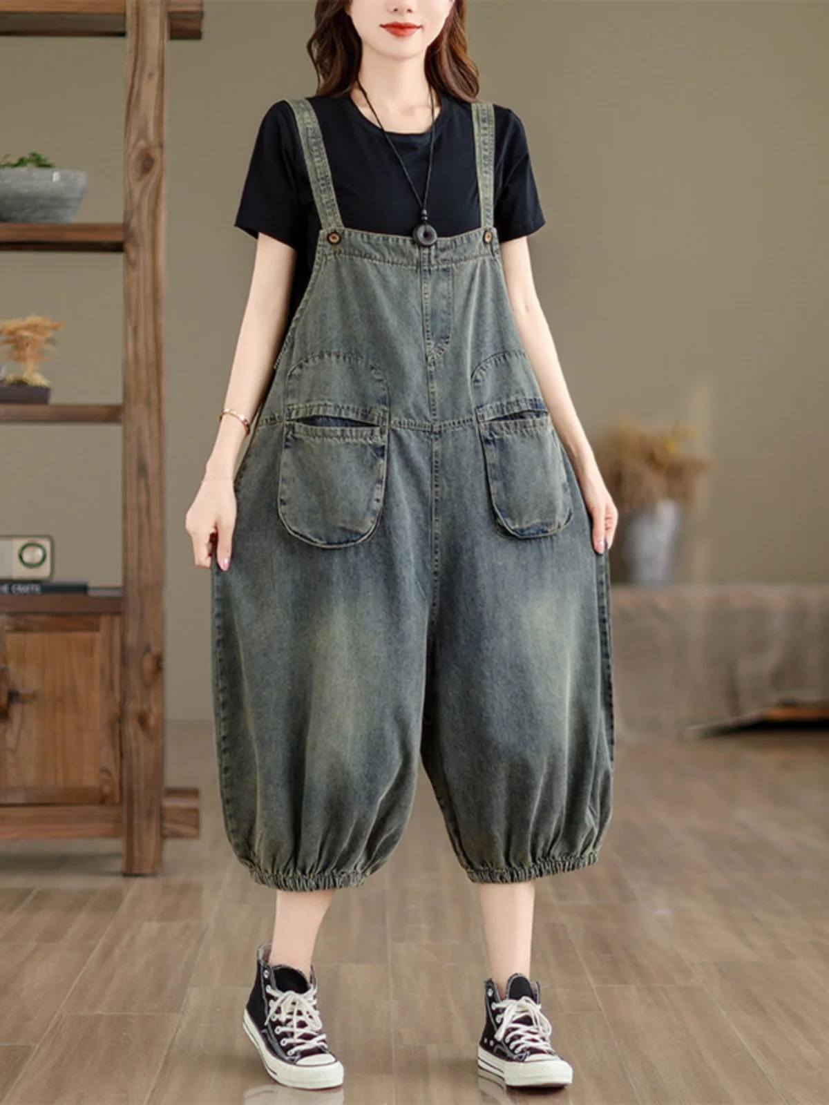 Anti-Aging Seven-Foot Denim Overalls Women Summer Loose Small Size Halter One-Piece Slimming Meat Covering Wide Leg Lantern P...