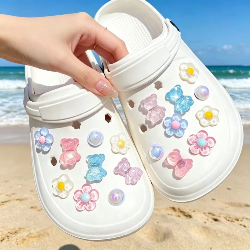 18pcs Pink Purple Blue Flash Bear Flower ABS Pearl Shoe Buckle DIY Decorations for Women