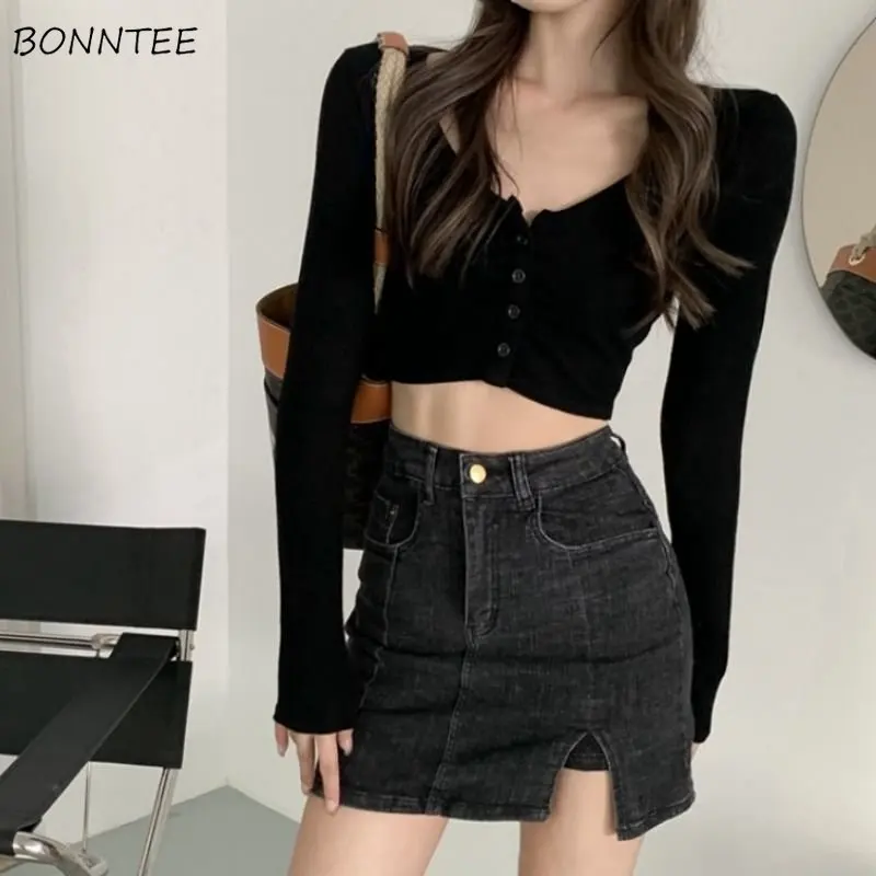 Long-sleeve T-shirts Women Slim Sexy Crop Tops Fashion O-neck Streetwear Simple Korean Style Summer Y2k Ulzzang All-match Young