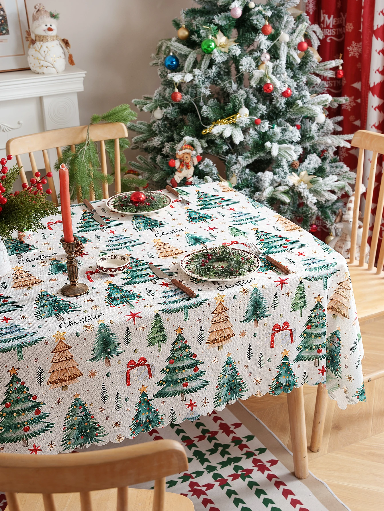 American Style Christmas Theme Tablecloth Holiday Decor Press Flower Tablecloth Finished Product Dining Table Cover