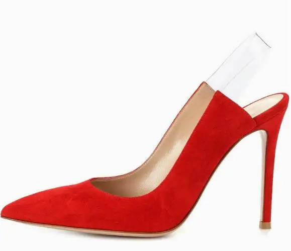 

Сексуальные красные, белые, черные замшевые туфли-лодочки на шпильке с острым носком, женские прозрачные туфли из ПВХ с эластичной лентой и пяткой для вечеринок