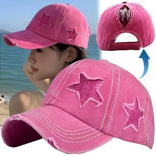 

Y2K Unisex Summer Ponytail Hole Star Baseball Washed Denim Cap Snapback Hats Trendy Outdoor Sport Fishing Hat Casquette Gorras