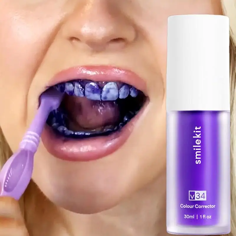 Nuovo dentifricio sbiancante viola V34 da 30ml rimuovi le macchie riduce l'ingiallimento cura delle gengive dei denti alito fresco denti schiarenti