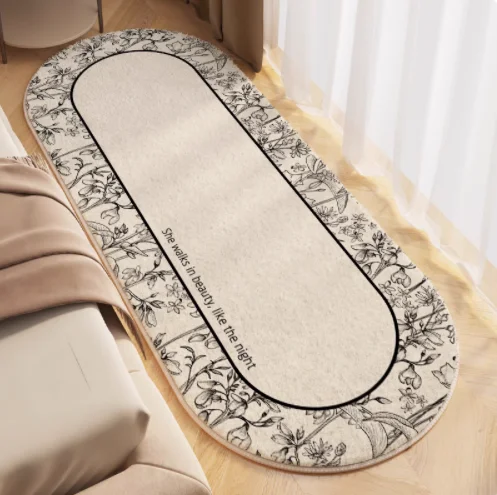 Oval shaped bedside carpet short plush carpet in front of the bed