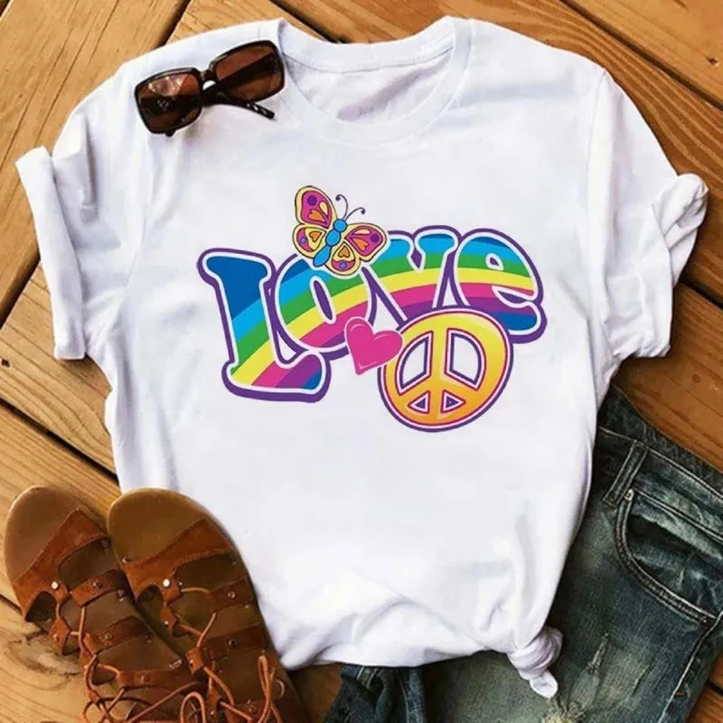 Vrede Liefde T-shirt Zomer Vrouwen Korte Mouw Leisure Gedrukt Top Tee Casual Dames Vrouwelijke Harajuku Kleding