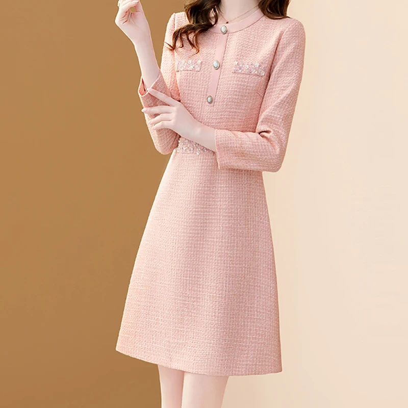 EVNISI Women Elegant O-neck Tweed Dress Button up Long Sleeves Office A-line Dresses Autumn Winter Slim Women Vestido 2024