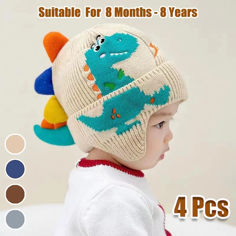 

Cartoon Dinosaur Kids Earmuffs Hat Winter Warm Knitted Beanie Cap for Boy Girl Cute 3D Solid Color Toddler Ear Protection Caps