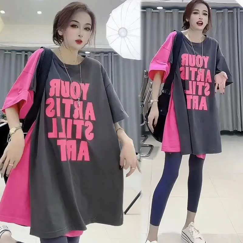 Oversized Loose Ladies Short Sleeve Letter Women\'s Clothing Fashion O-neck Tops Streetwear Pullovers Printing Irregular T-Shirts