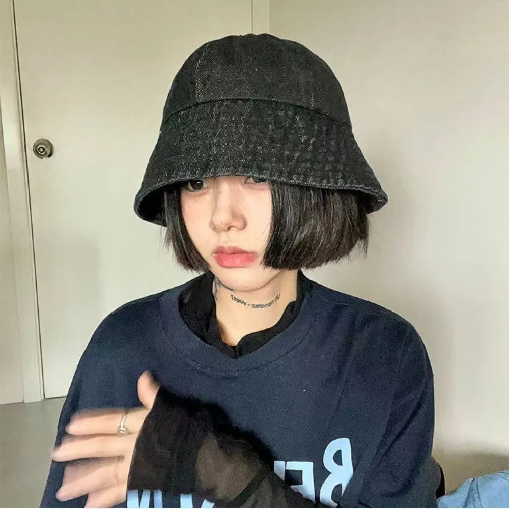 

Soft Sunshade Denim Bucket Hats Cloth Wide-Brim Retro Fisherman Hat Black Japanese Style Sun Protection Basin Cap Outdoor