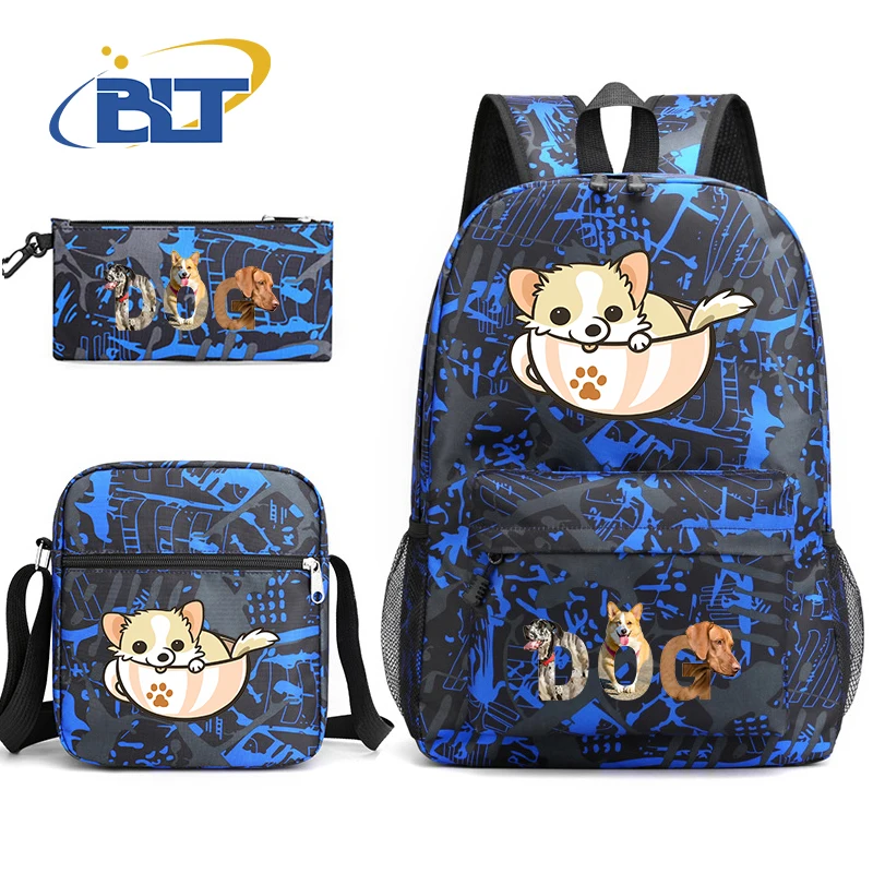 Cute dog cartoon print zaino per bambini set borsa da scuola per studenti borsa a tracolla astuccio per matite set da 3 pezzi regalo per il ritorno a scuola