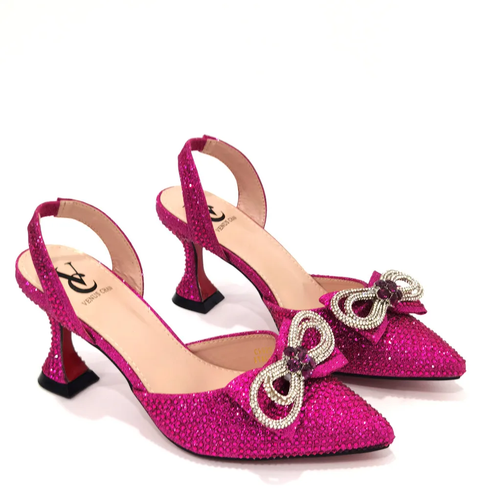 New Arrival Fuchsia Color Italian Ladies Sexy High Heels Women Pumps Rhinestones Ladies Pumps African Sandal Shoes for Parties