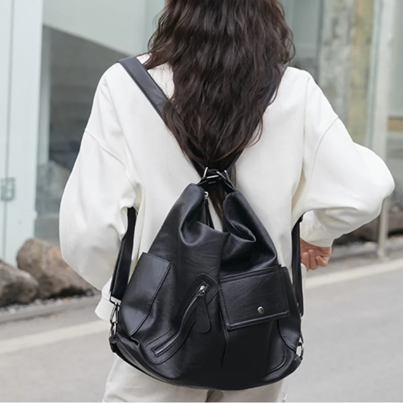 Original Brand Korean Japan Black Bag Large Capacit Multi-pocket Soft Leather Lady Backpack Zone Retro Function Shoulder Totebag