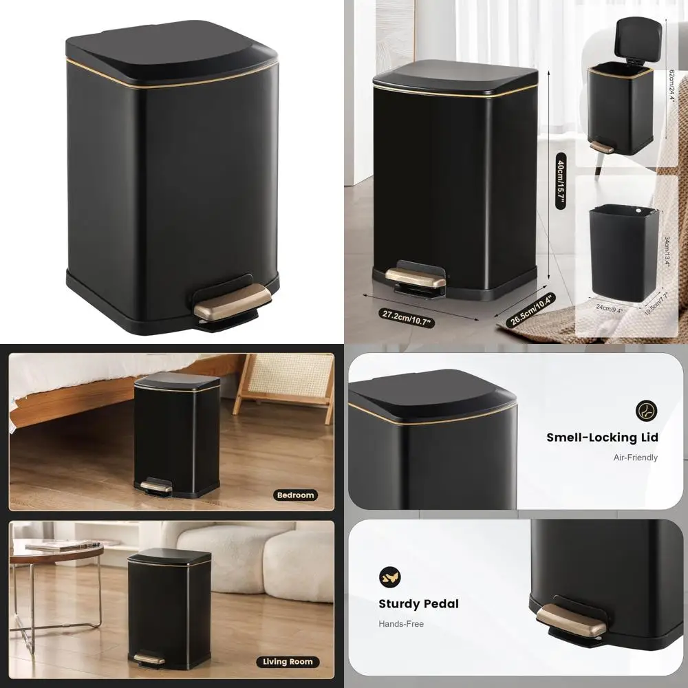 

ELPHECO Bathroom Trash Can with Lid 4 Gallon / 15.1 Liter Stainless Steel Garbage Bin with Pedal Black Trash Can with Removable