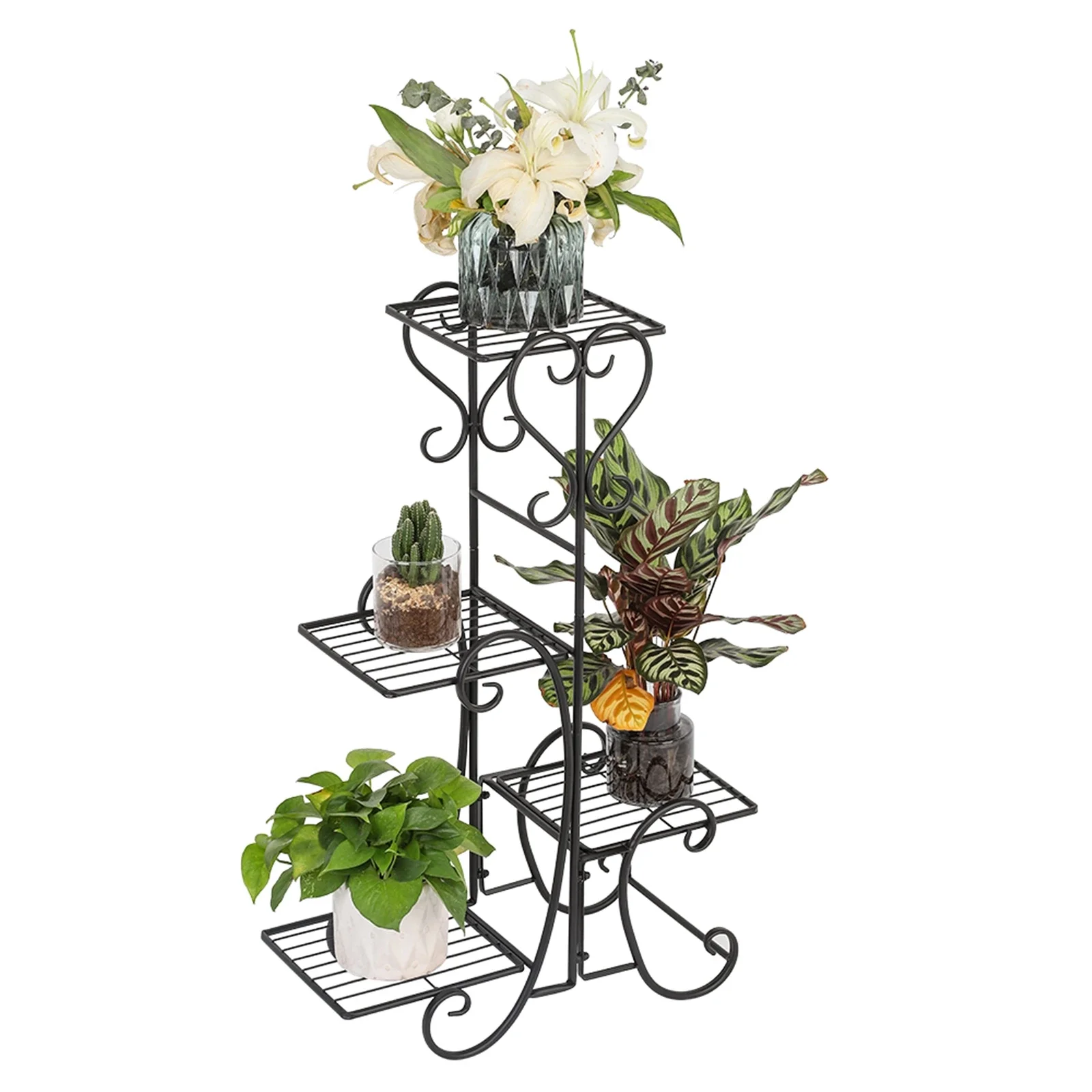 

4 Potted Square Flower Metal Shelves Plant Pot Stand Decoration for Indoor Outdoor Garden Black