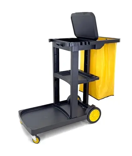 Compact Size Janitorial Cart 3 Shelves  25 Gallon Viny Bag with Cover  450 LBS Capacity  Black
