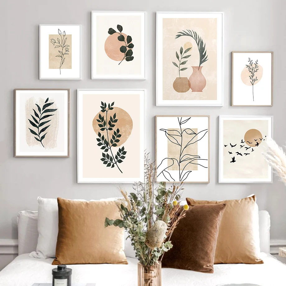 

Natural Boho Vase Bird Sun Line Leaf Abstract Wall Art Canvas PostersPainting Nordic And Prints Wall Pictures Living Room Decor