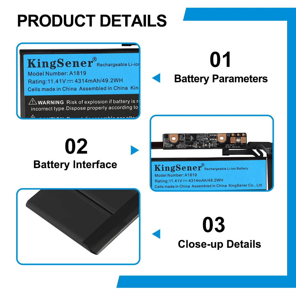 Bateria KingSener A1819 do Apple MacBook Pro 13'' Touch A1706 (koniec 2016, połowa 2017) EMC 3071 EMC 3163 MLH12LL/A MPXV2LL/A 49.2WH — zdjęcie produktu 5
