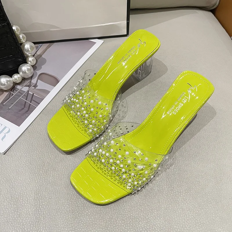 Slippers Women Transparent Half Tow Summer New Crystal with Sexy High Heels Open-toed Rhinobarrhinide Flip-flops