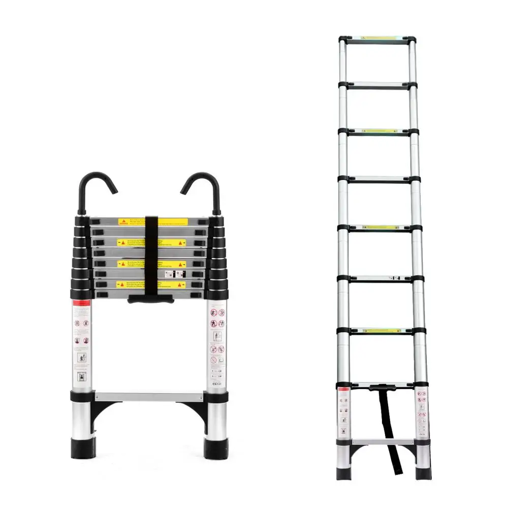 Telescoping Extension Ladder 8.5FT, Aluminum Telescopic Ladders with hooks and triangular support frame for Outdoor Indoor Use