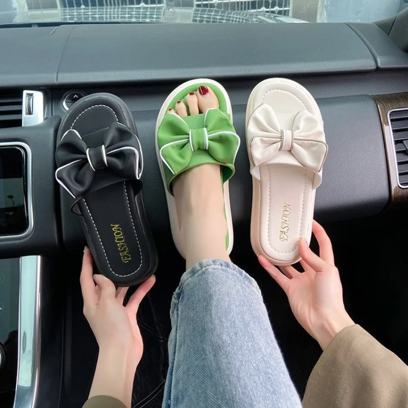 2023 Summer and Spring New Soft Sole Feet Treading Feel Home Leisure Slippers Bow Tie Slippers for Female Outwear Fairy Style