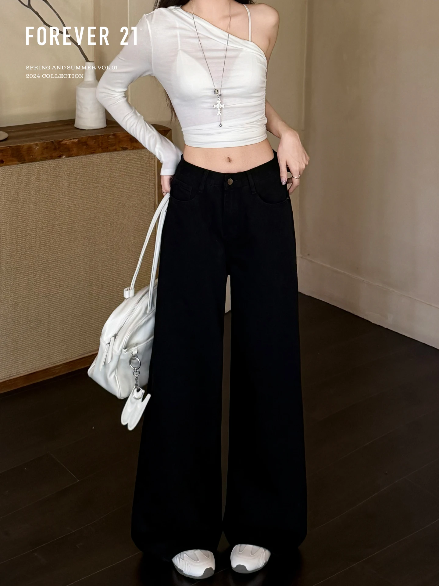 High Waist Wide Leg Black Denim Jeans Women's Pear Shape Slimming Loose Straight Long Trousers Forever 21 American Style