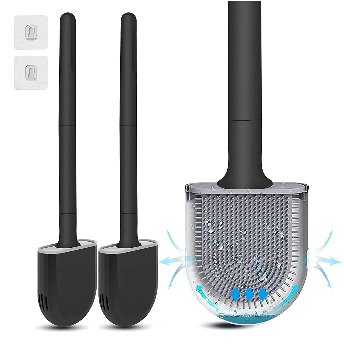 Premium Toilet Brushes & Holders 2 Pack Wall-Mounted (Without Drilling Holes) Deep Cleaner Silicone Toilet Brush Black