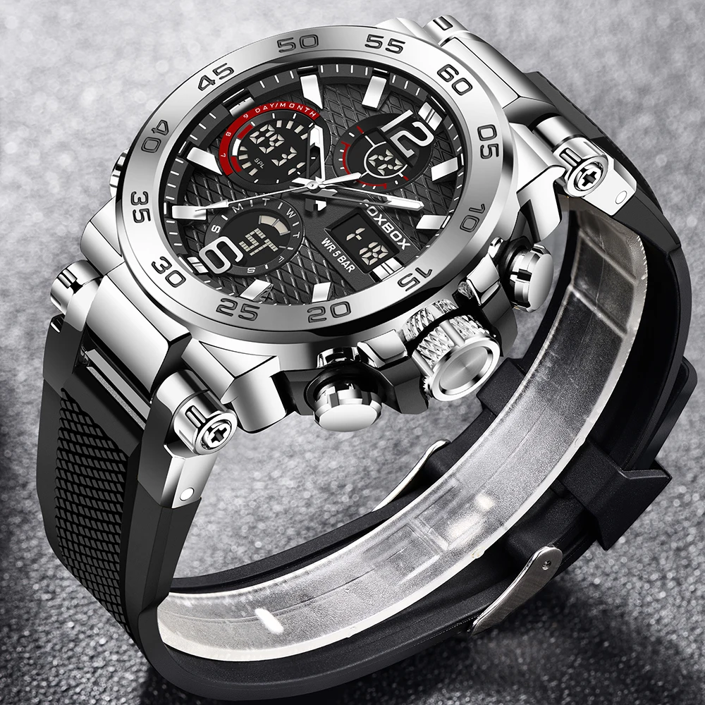 LIGE New Watches For Men 50M Waterproof Clock Alarm reloj hombre LCD Dual Display Wristwatch Quartz Military Sports Mens Watch