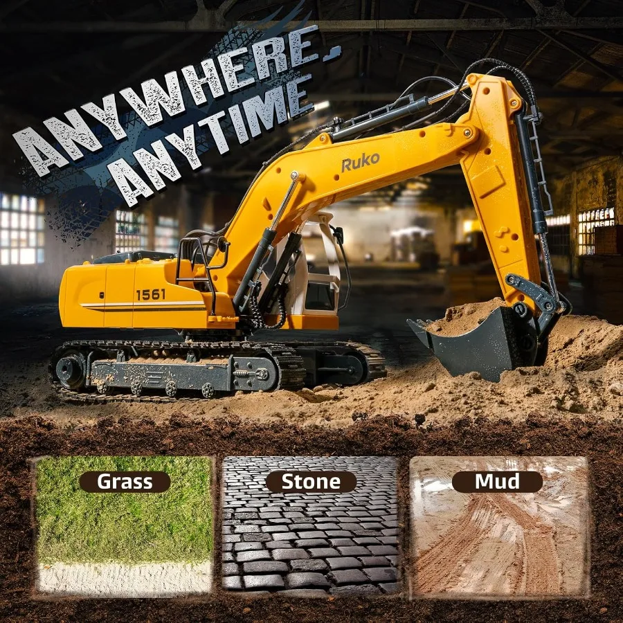 Excavator 3 in 1 Construction Toys for Boys, 17 Channel Remote Control Vehicles with Grab Alloy Shovel Drill, Realistic Lights &