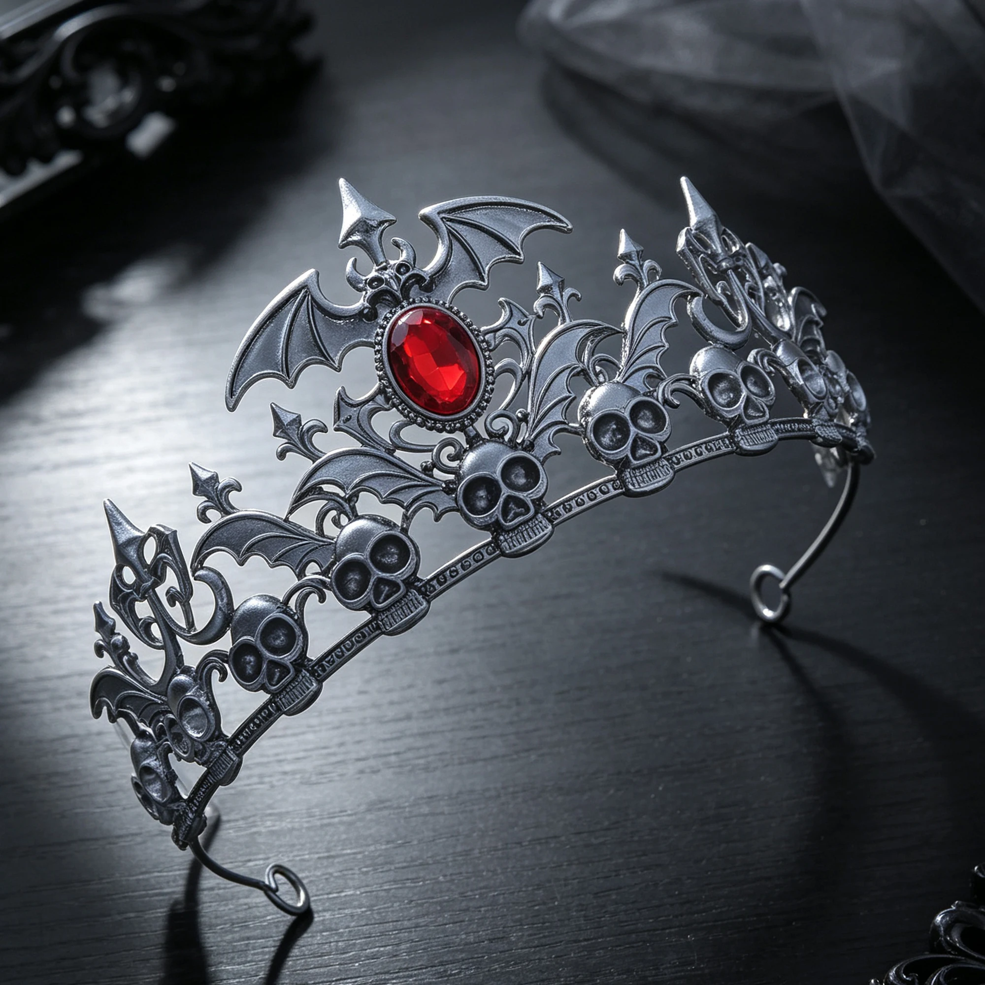 Antique Silver Skull Bat Tiara Rhinestone Gothic Headband Halloween Cosplay Dark Queen Witch Vampire Costume Party Hair Ornament