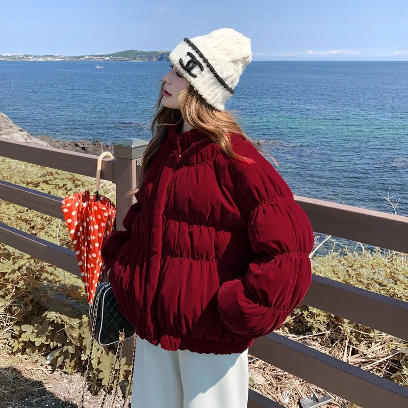 ベルベットスタンドカラーダウンジャケット レディース ショートスタイル 2025冬新作 ルーズ 無地 90%ホワイトダックダウン ブレッドジャケット